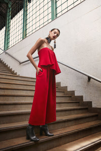 Blood Red Strapless Layered Flared Jumpsuit