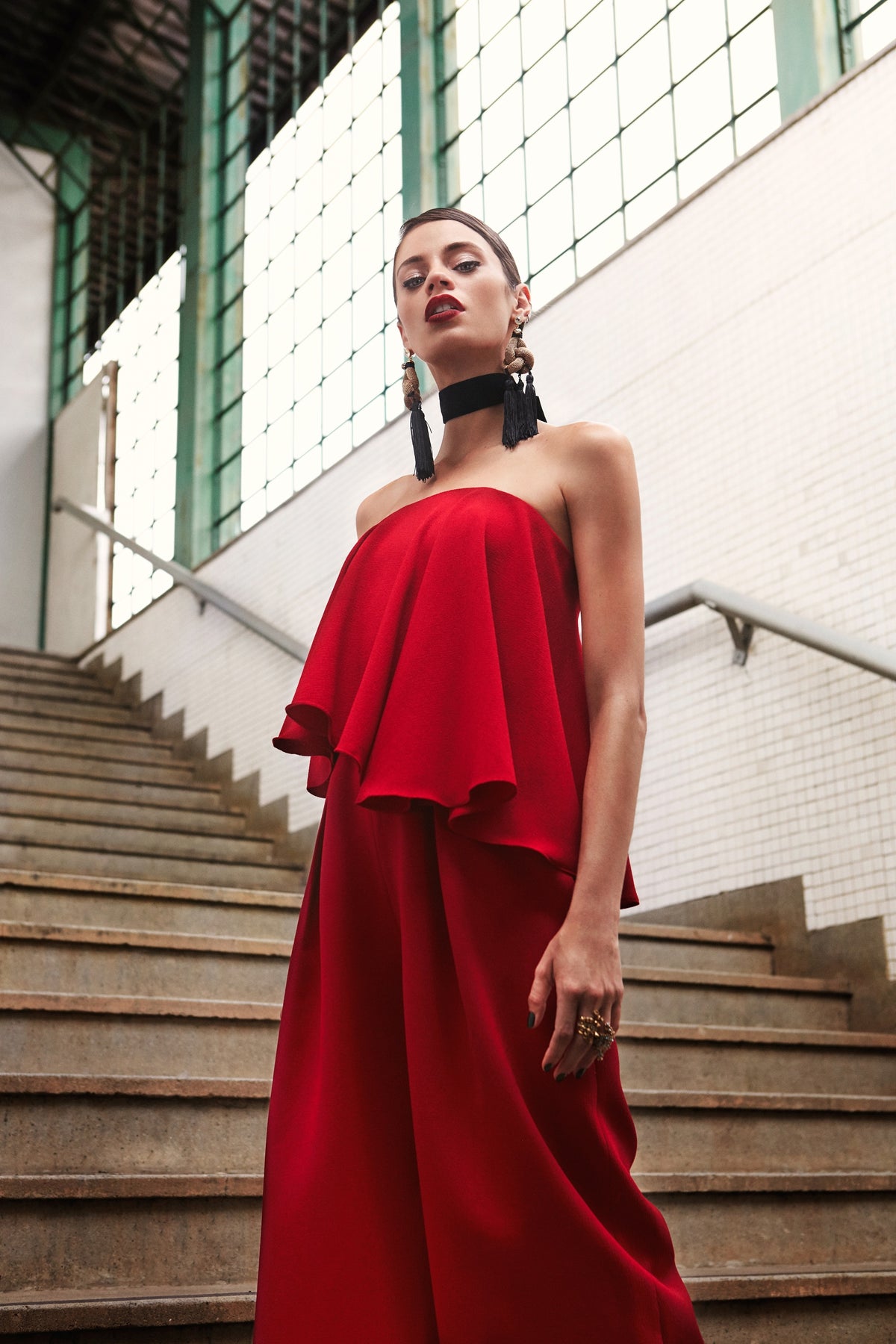 Blood Red Strapless Layered Flared Jumpsuit