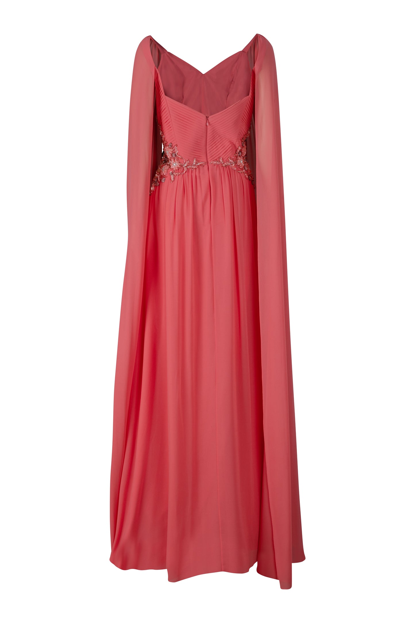 Coral Chiffon Beaded Cape Sleeves Gown