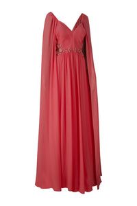 Coral Chiffon Beaded Cape Sleeves Gown