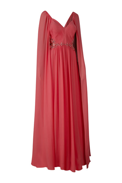 Coral Chiffon Beaded Cape Sleeves Gown