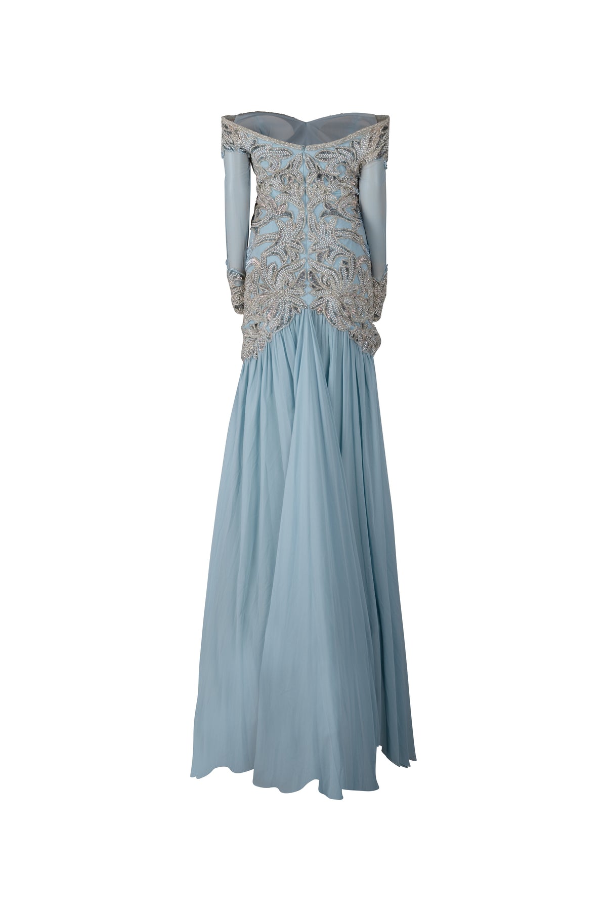Light Blue Silver Hand Beaded Sleeve Gown