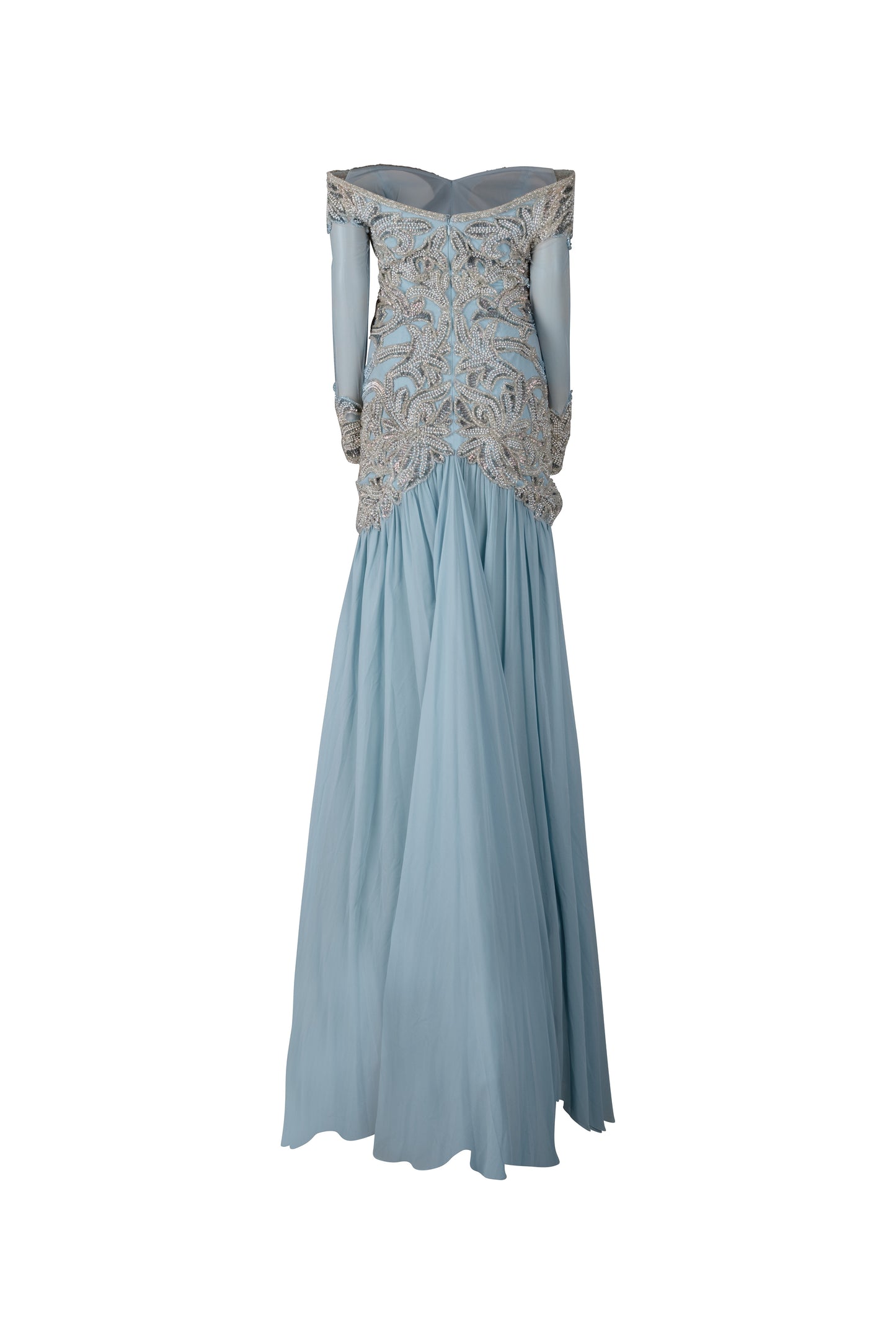Light Blue Silver Hand Beaded Sleeve Gown