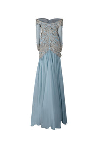 Light Blue Silver Hand Beaded Sleeve Gown