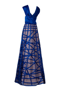 Cobalt Blue Off the Shoulder Geometric Stripe Piping Dress
