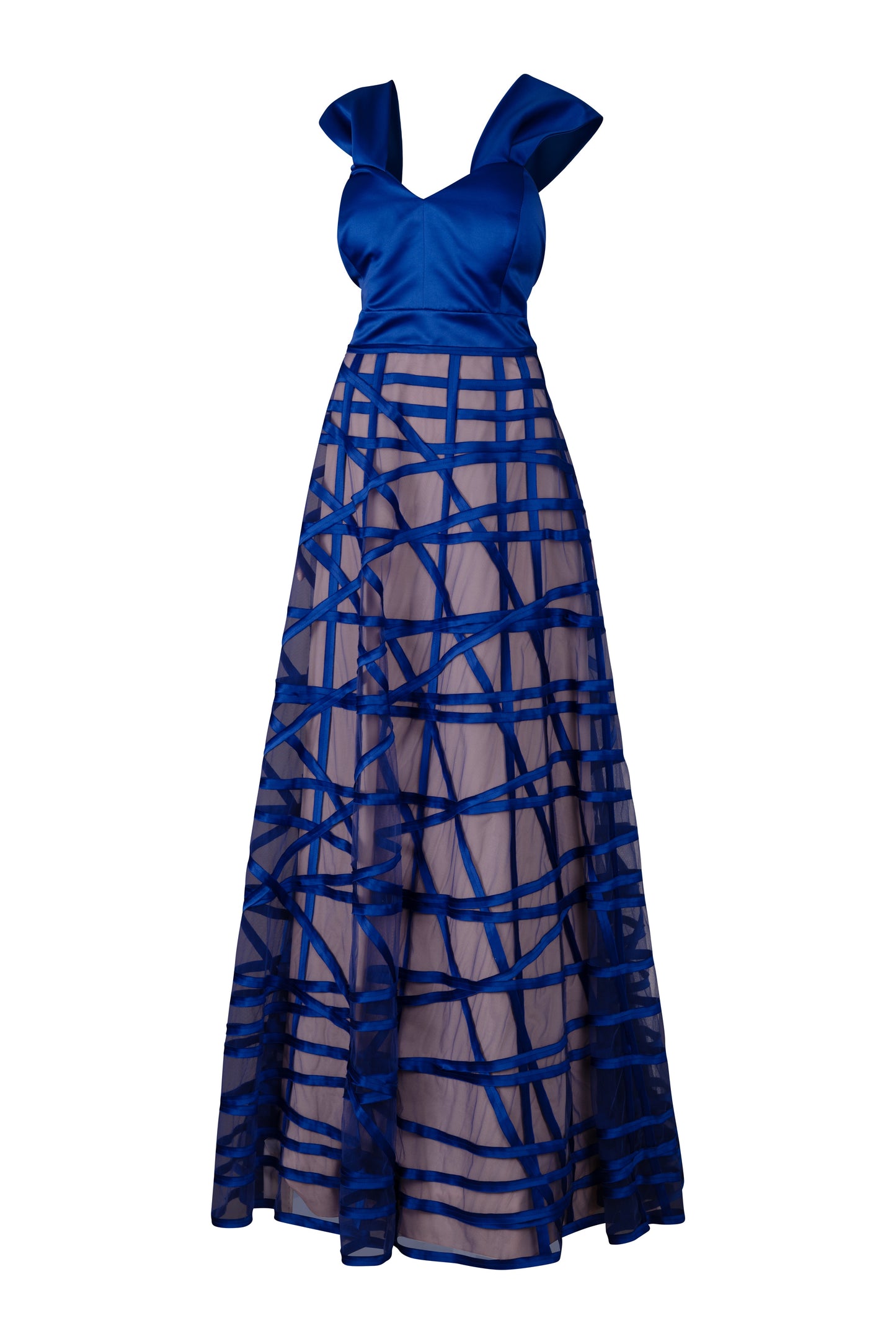 Cobalt Blue Off the Shoulder Geometric Stripe Piping Dress