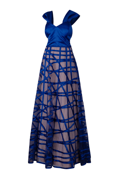 Cobalt Blue Off the Shoulder Geometric Stripe Piping Dress