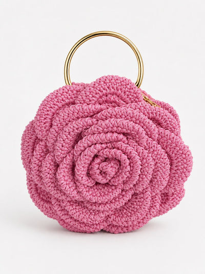 Pink crochet flower crochet hand bag