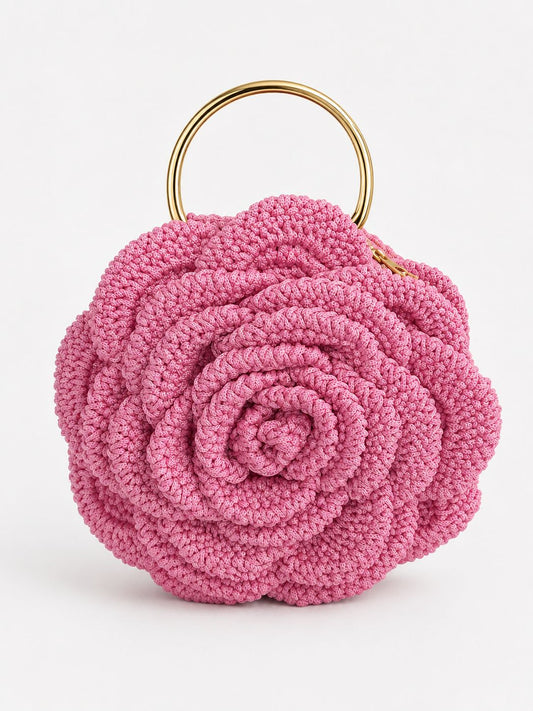Pink crochet flower crochet hand bag