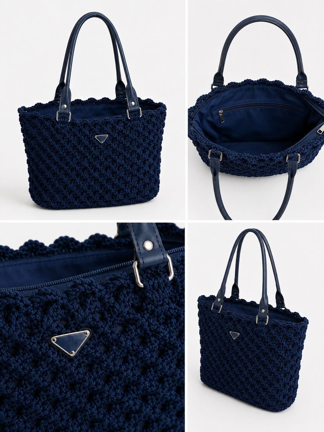 Navy Blue crochet tote bag with leather Handle and base
