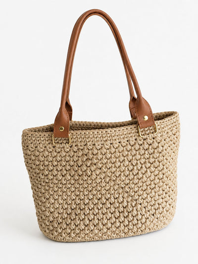 Sand crochet tote bag with leather handle & leather base
