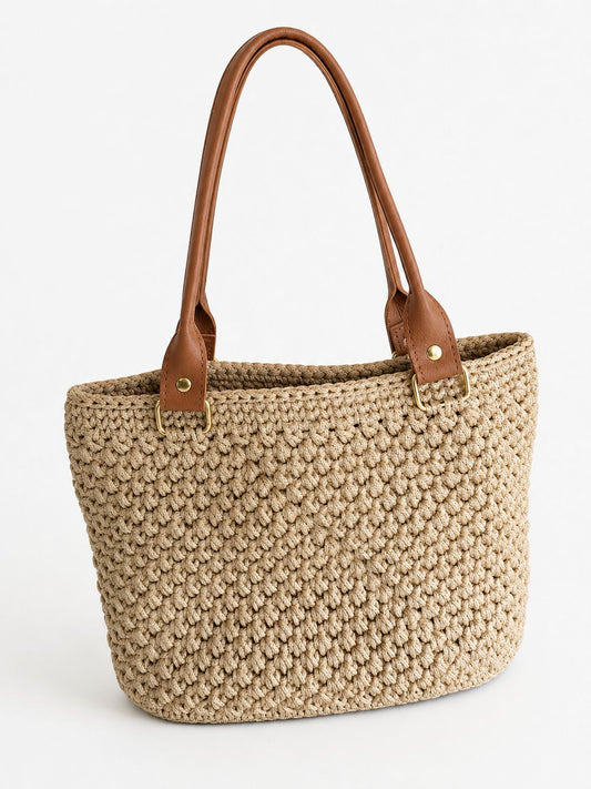 Sand crochet tote bag with leather handle & leather base