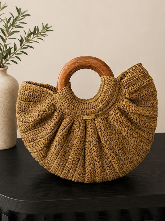 Golden Camel Palm Beach Crochet Bag with wood handle