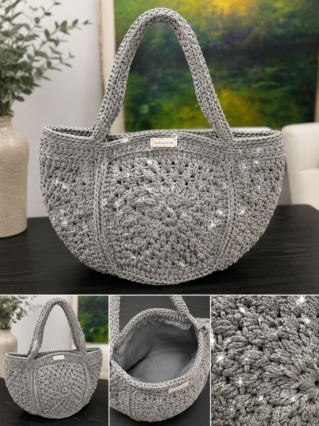 Grey silver sparkling XL crochet beach bag