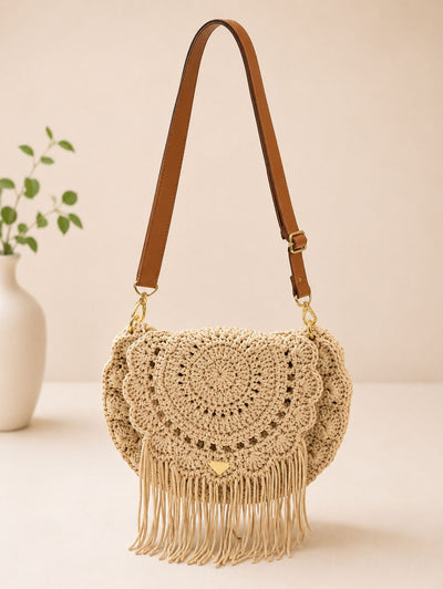 Sand Bohemiam crochet bag with fringes and leather straps
