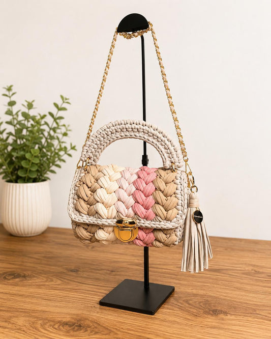 Pink crochet flower crochet hand bag