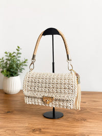 Sand crochet hand bag with leather strap