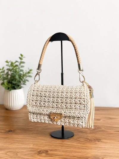 Sand crochet hand bag with leather strap