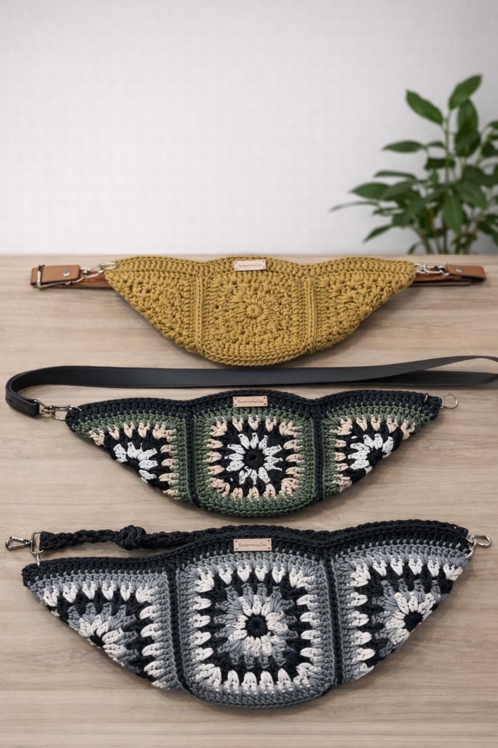 Cross body crochet fanny pack  with adjustable leather strap