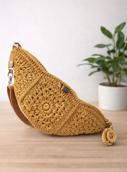 Cross body crochet fanny pack  with adjustable leather strap