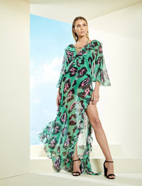 Green and Purple Ruffled Patterned Full Length Dress