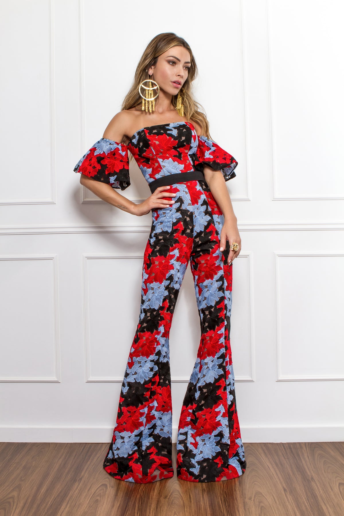 Black and Red Off the Shoulder Lace Jumpsuit