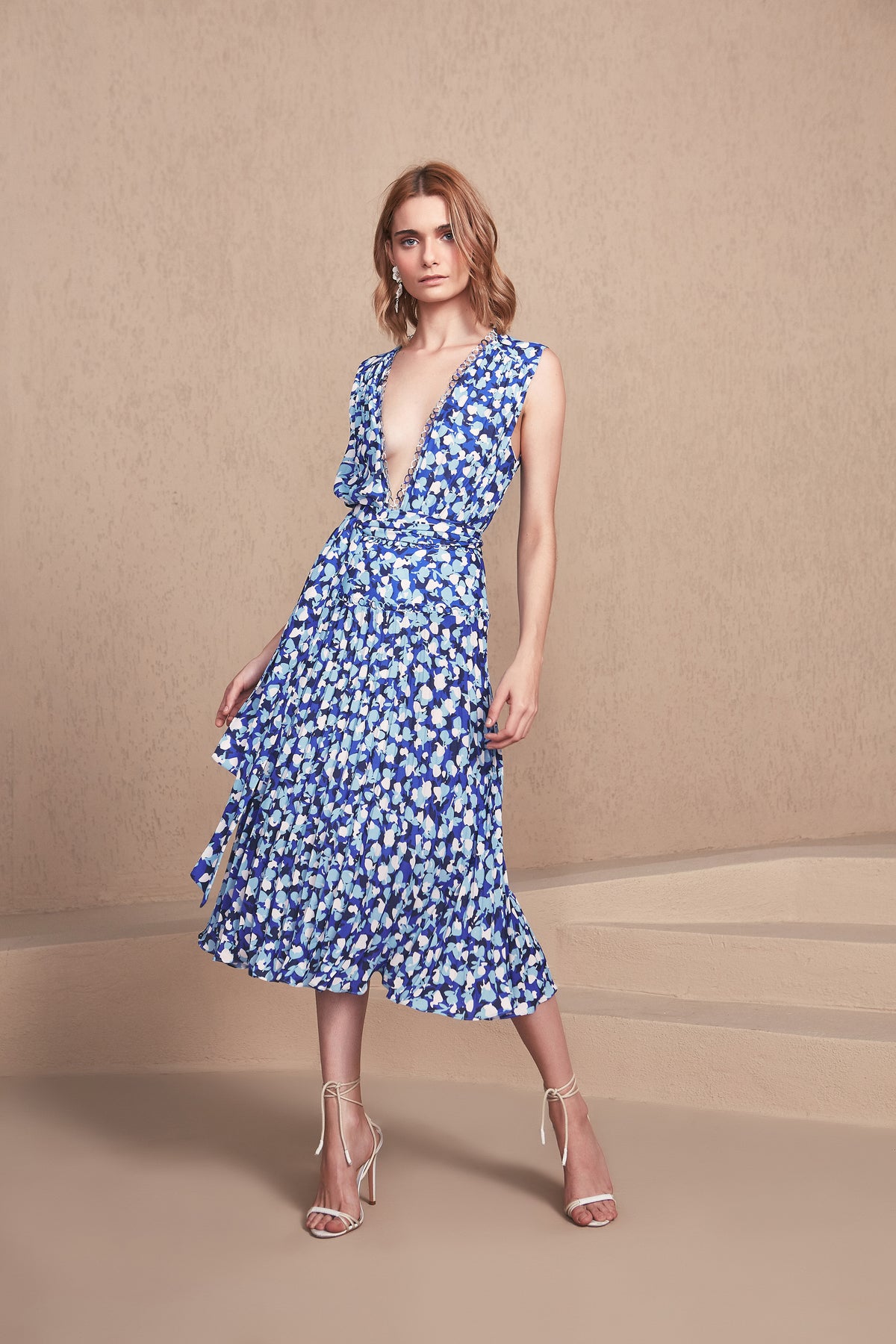 White and Blue Floral Ruffle Pleated Midi Dress