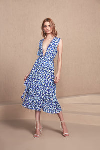 White and Blue Floral Ruffle Pleated Midi Dress