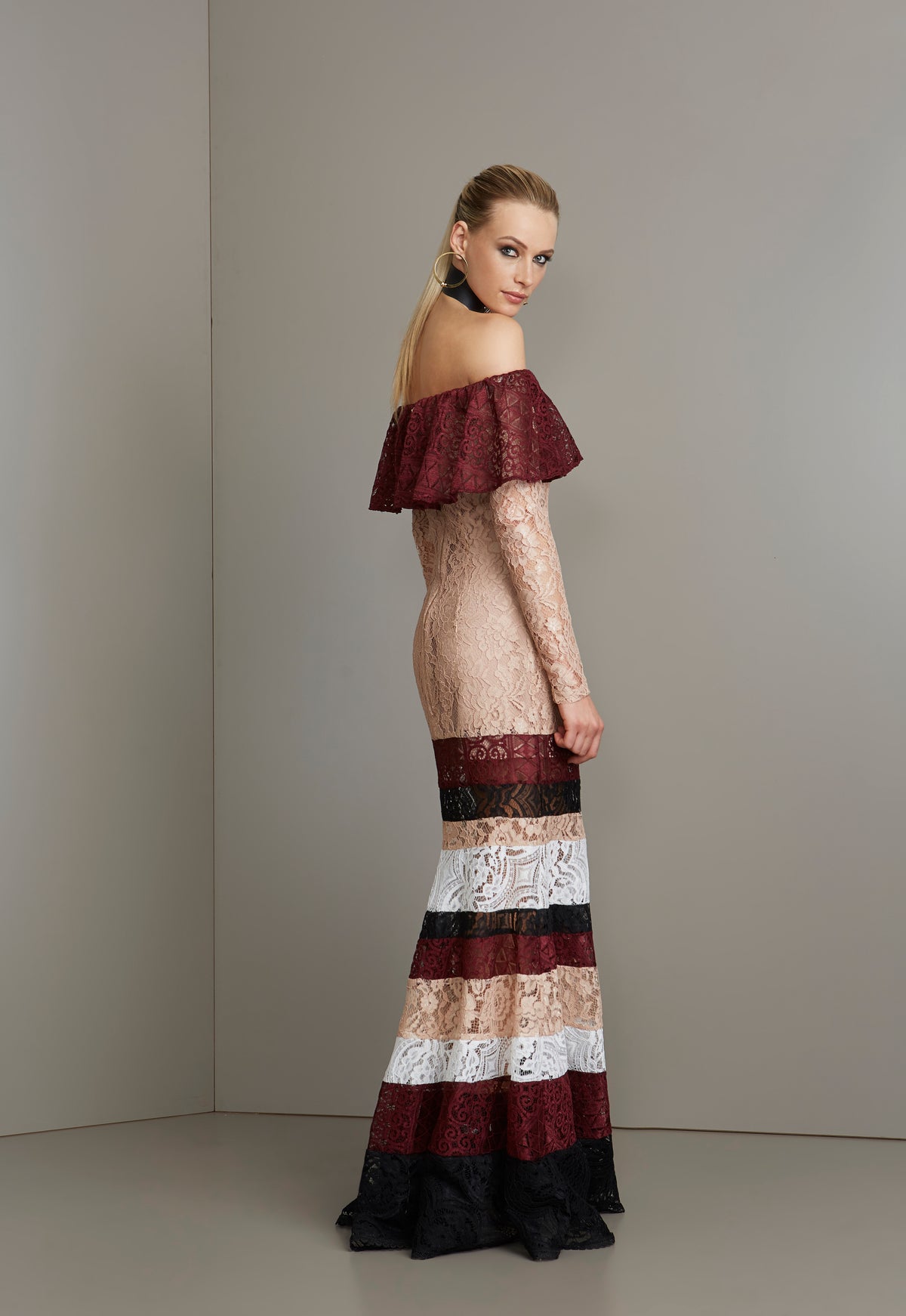 Nude Tri Color Lace Off the Shoulder Long Dress