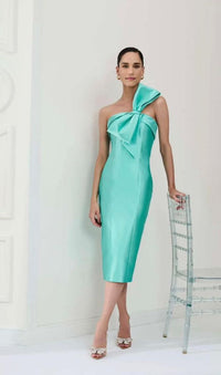 Robin Egg Blue Strapless Midi Dress with Asymmetric Bow Detail