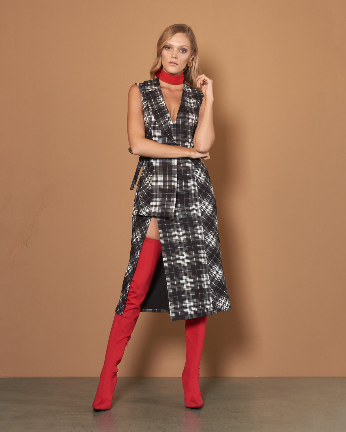 Black and Gray Checkered Wrap Dress
