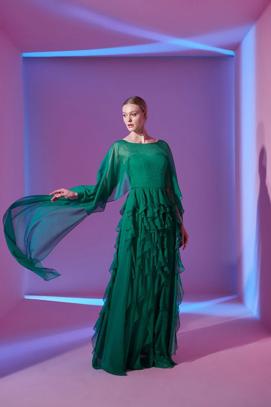 Evergreen Ruffle Chiffon Dress