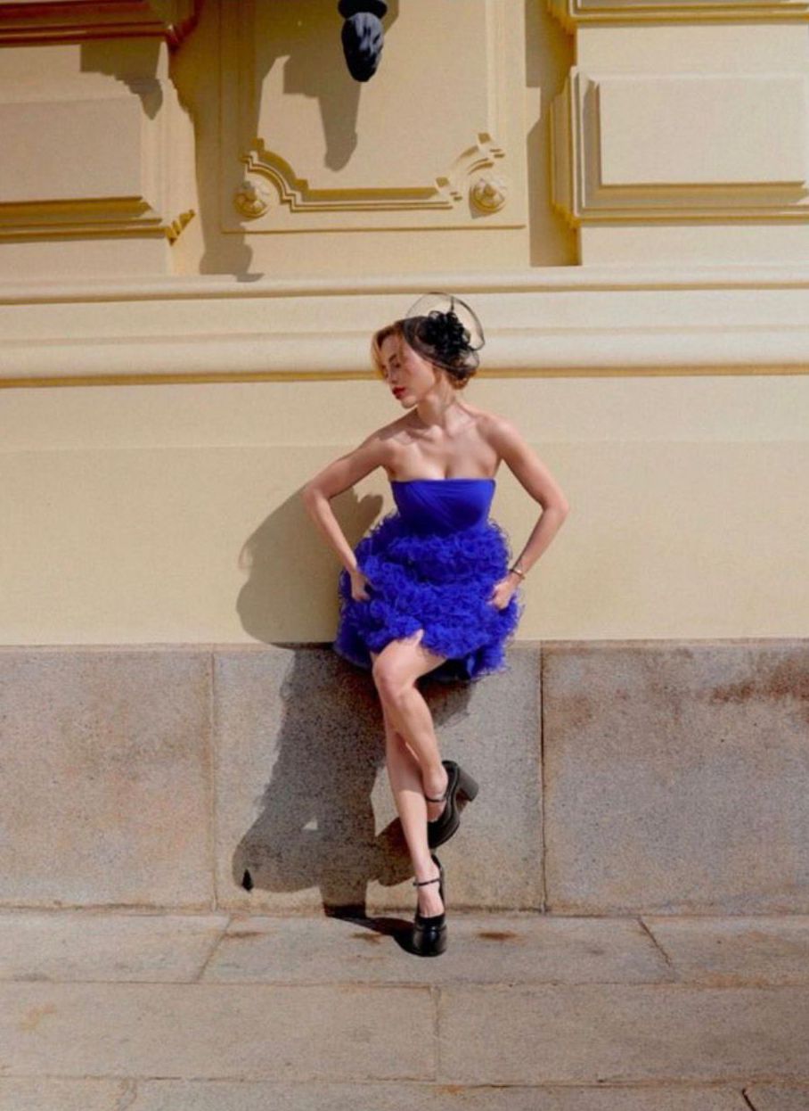 Royal Blue Strapless Mini Dress with Ruffle Tulle