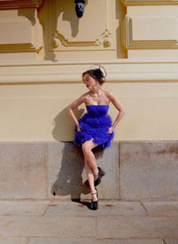 Royal Blue Strapless Mini Dress with Ruffle Tulle