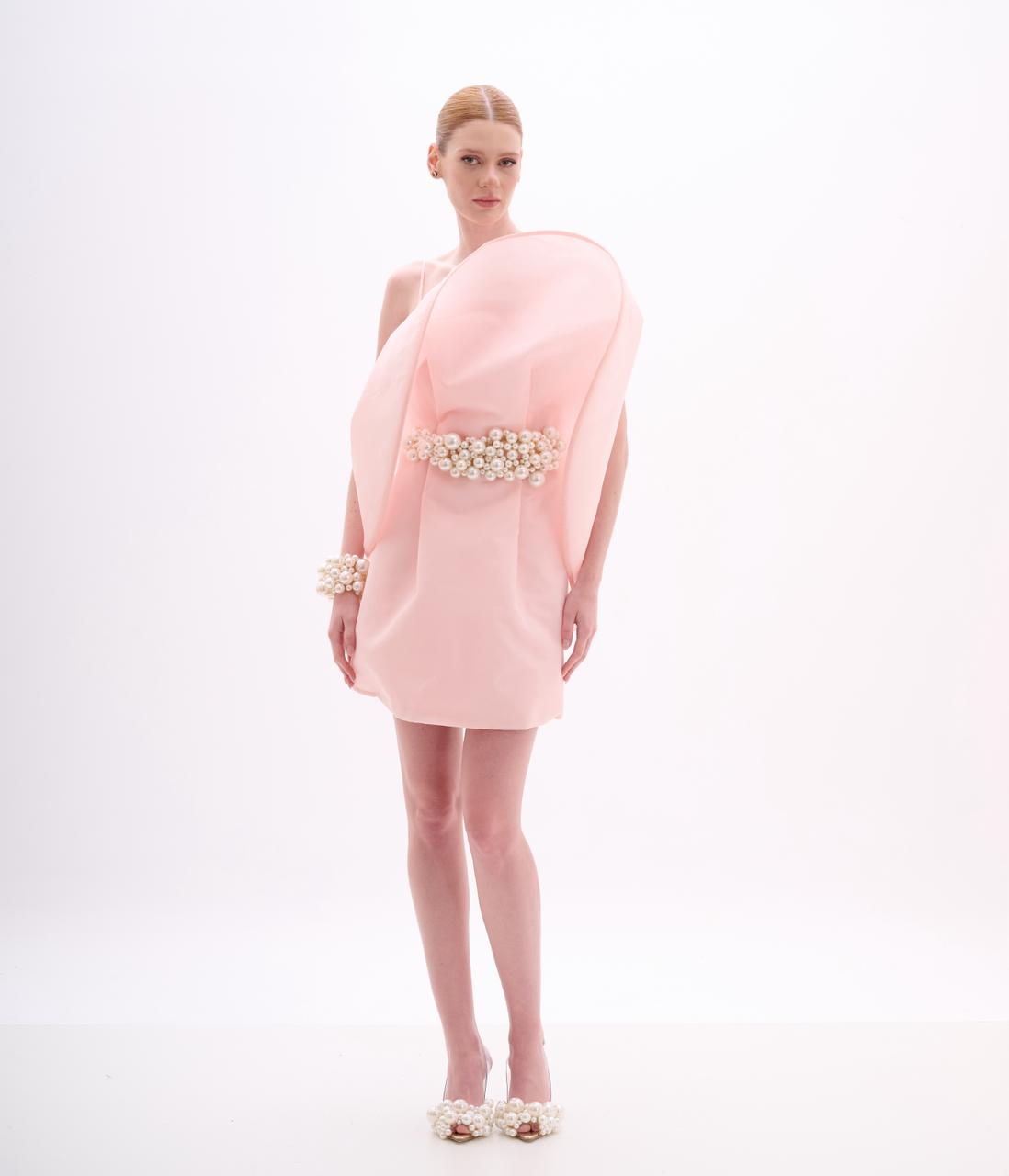 Blush Strapless Mini with Pearl Waist Applique and Sculptural Couture Mini Dress