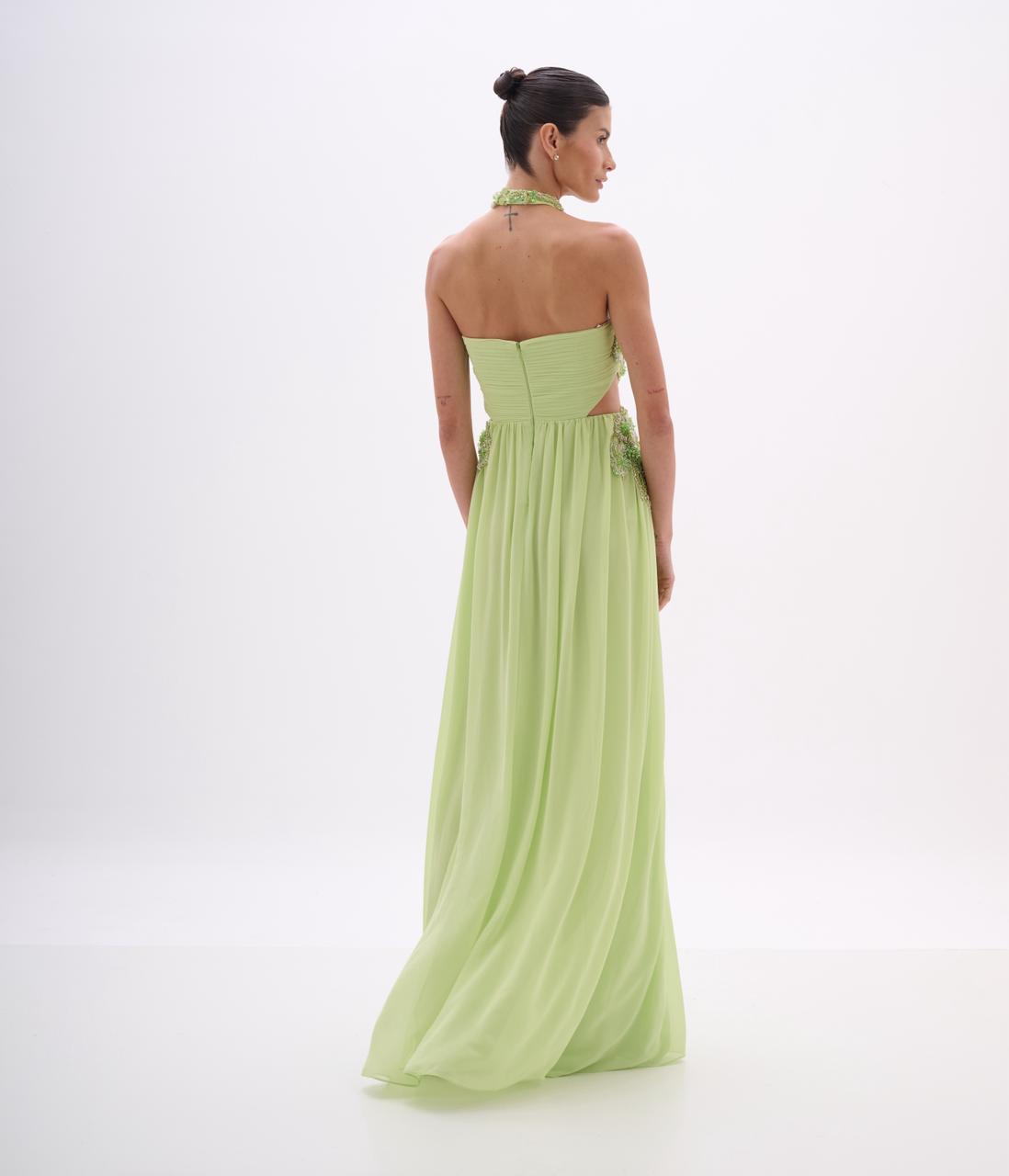 Luminous Citrus-Hued Halter Beaded Gown with Side Cutouts with High Side Slit