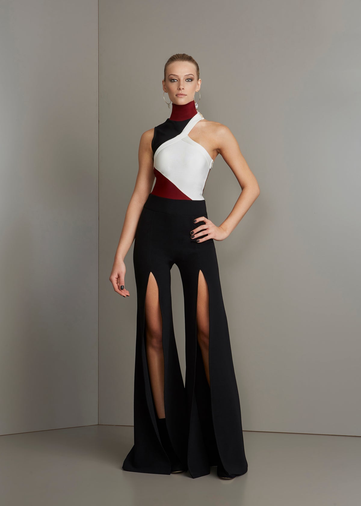 Black White and Burgundy One Shoulder Open Front Slit Jumpsuit
