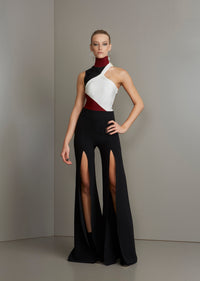 Black White and Burgundy One Shoulder Open Front Slit Jumpsuit