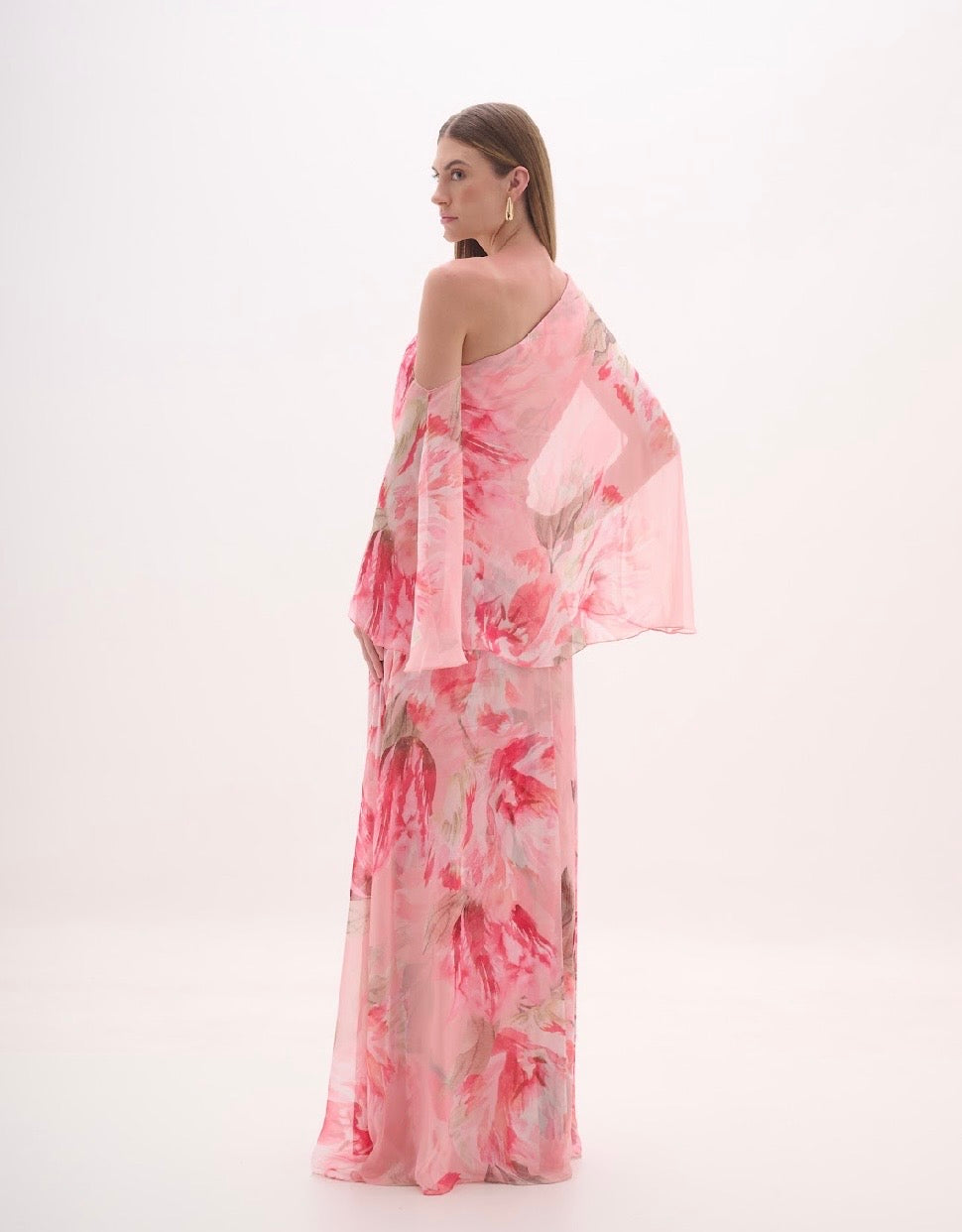 Dusty Pink Floral One Shoulder Draped Long Dress