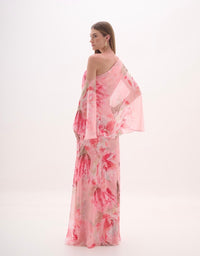 Dusty Pink Floral One Shoulder Draped Long Dress