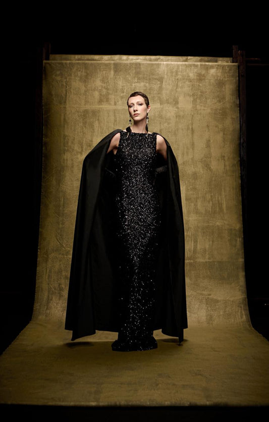 Black Sequin Sleeveless Gown with Back Slit