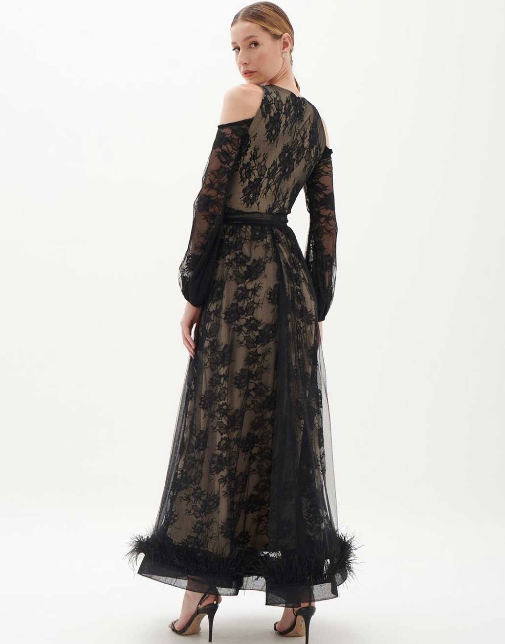 Nude and Black Lace Tulle Gown with Feathered Hem