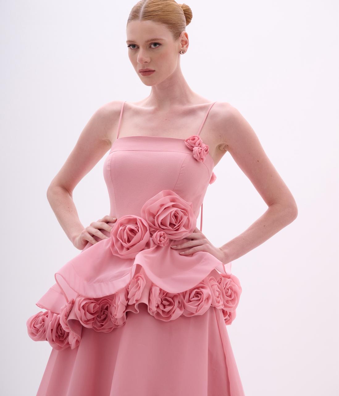 Dusty Pink Strapless Crepe and Organza Gown with Flower Applique Back Tassel Rosettes