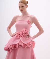 Dusty Pink Strapless Crepe and Organza Gown with Flower Applique Back Tassel Rosettes