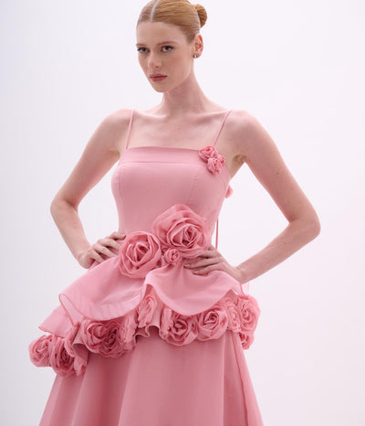Dusty Pink Sleeveless Crepe and Organza Gown with Flower Applique Back Tassel Rosettes