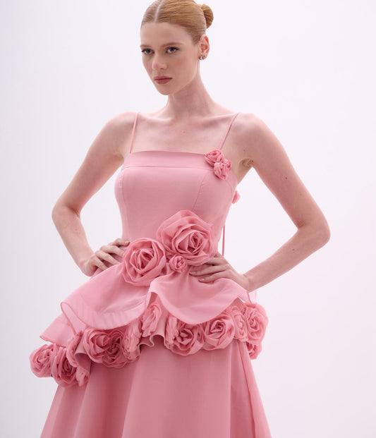 Dusty Pink Strapless Crepe and Organza Gown with Flower Applique Back Tassel Rosettes