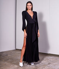 Black Long Sleeve Pleated Long Dress