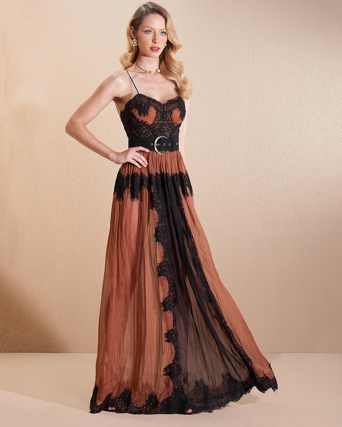 Burnt Orange Chiffon Lace Dress