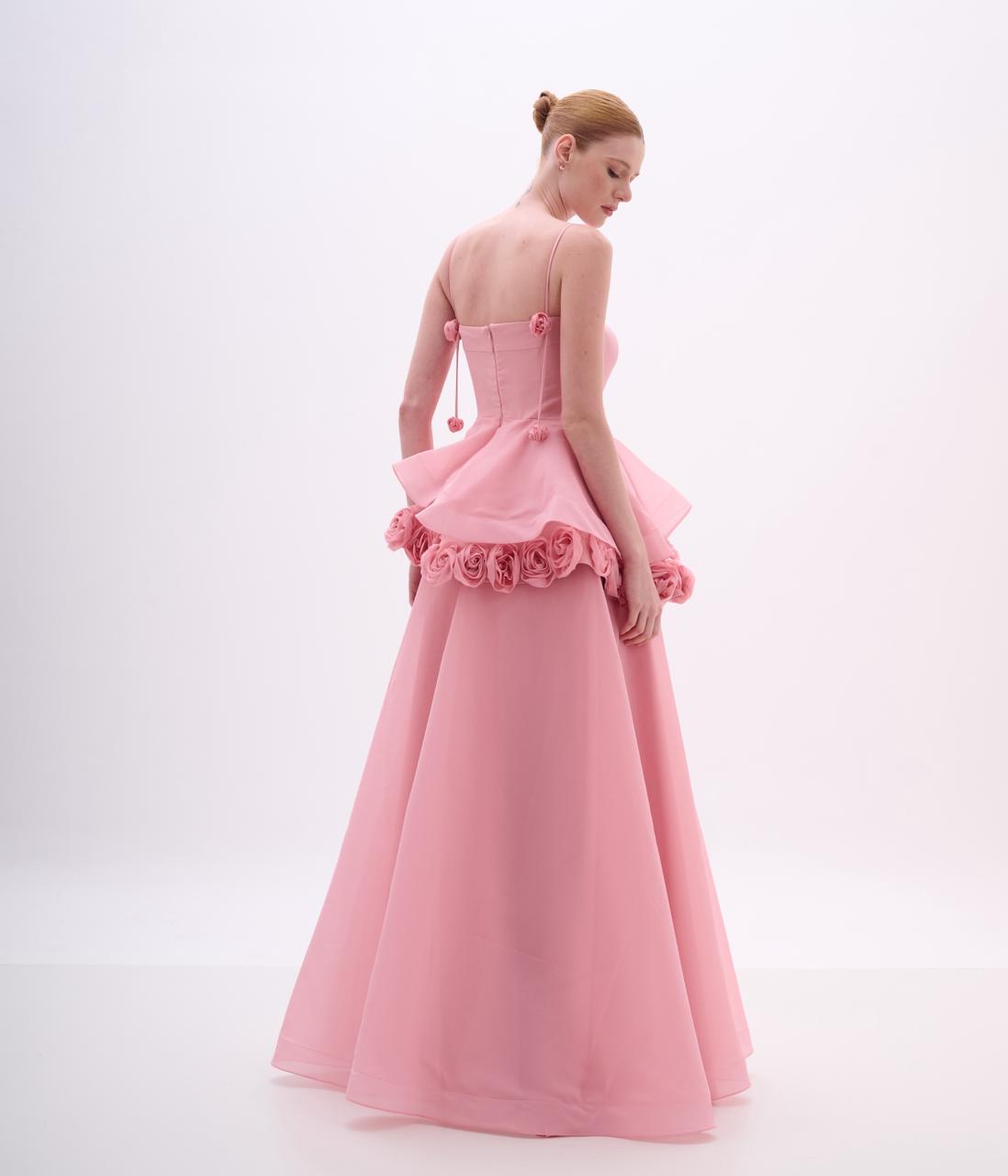 Dusty Pink Sleeveless Crepe and Organza Gown with Flower Applique Back Tassel Rosettes