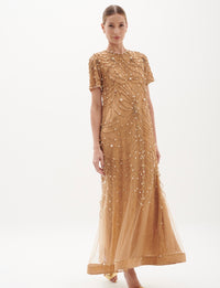 Gold Lace Pearls Beaded Dress